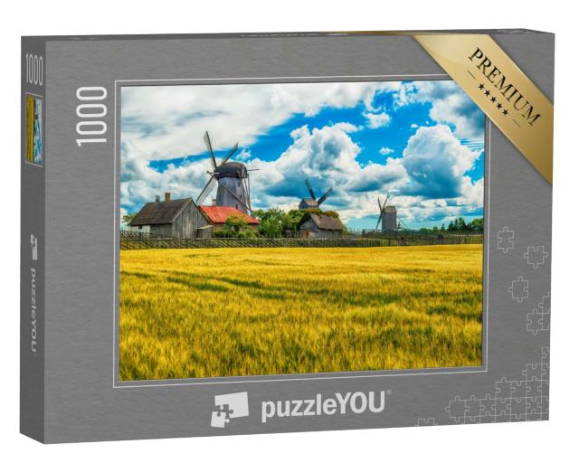 Puzzle 1000 Teile „Sommerfelder und Angla-Windmühlen auf der Insel Saaremaa, Estland“