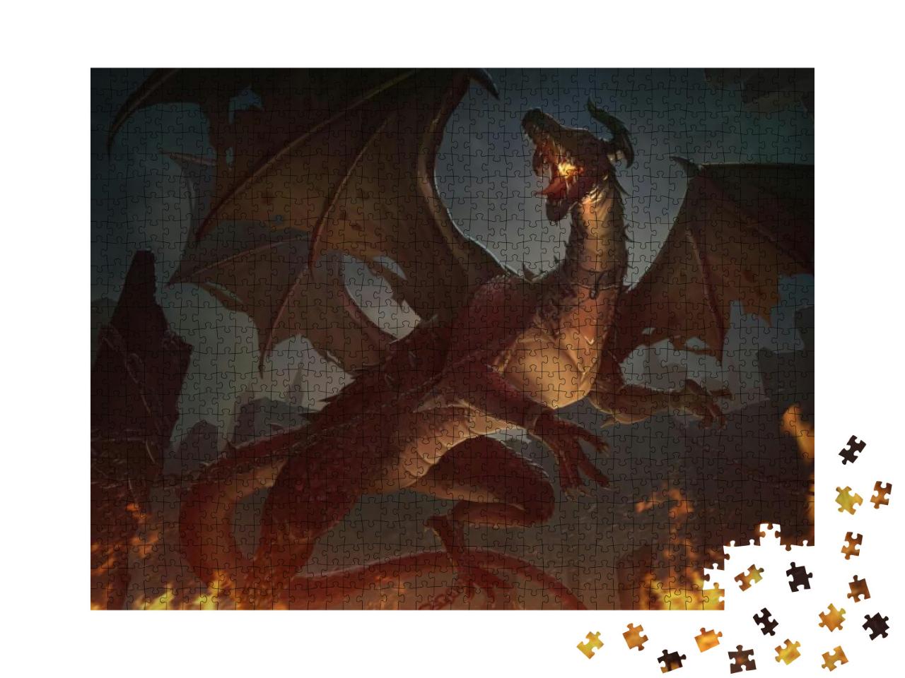 Puzzle 1000 Teile „Der karminrote Drache mit Burg und Flammen“