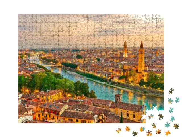 Puzzle 1000 Teile „Sonnenaufgang über dem historischen Stadtzentrum von Verona, Italien“