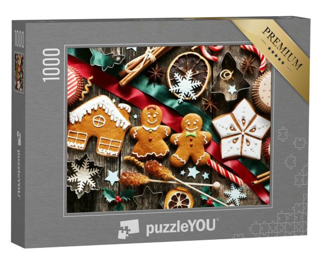 Puzzle 1000 Teile „Weihnachten: hausgemachte Lebkuchen auf Holztisch“