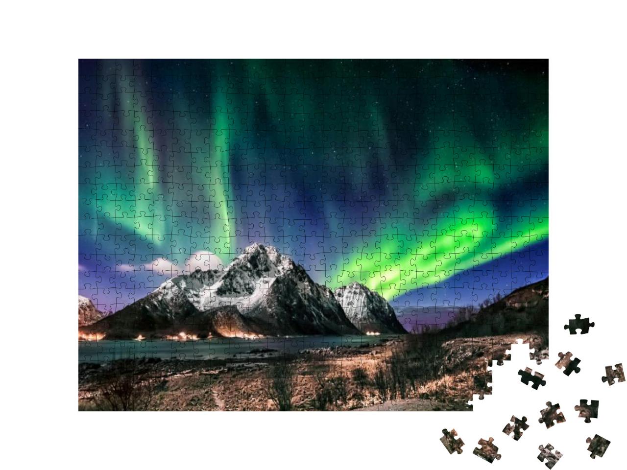 Puzzle 500 Teile „Landschaft der Lofoten: Besuch im Winter mit Polarlicht, Norwegen“