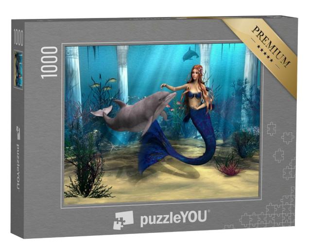 Puzzle 1000 Teile „Meerjungfrau und Delphin im Fantasy-Ozean“