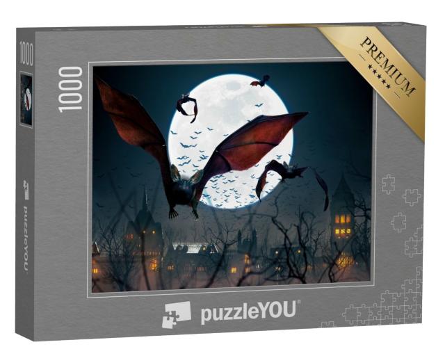 Puzzle 1000 Teile „Fliegende Fledermäuse in einer Vollmondnacht “
