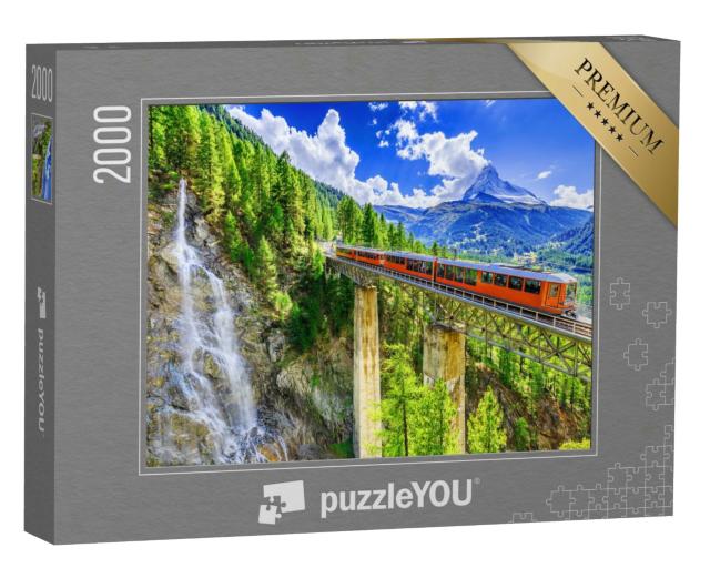Puzzle 2000 Teile „Gornergrat mit Wasserfall, Brücke und Matterhorn, Zermatt, Wallis, Schweiz“