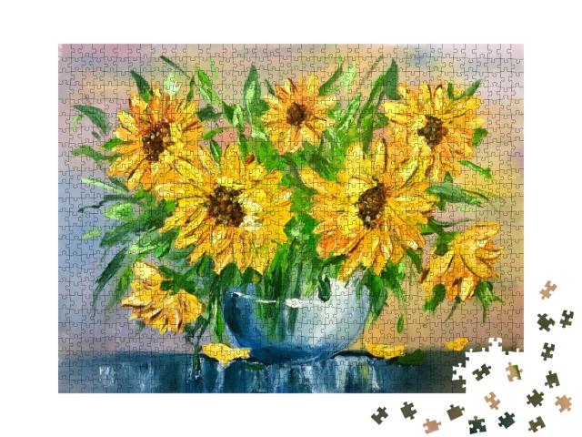 Puzzle 1000 Teile „Ölgemälde: Sonnenblumen in einer Vase“