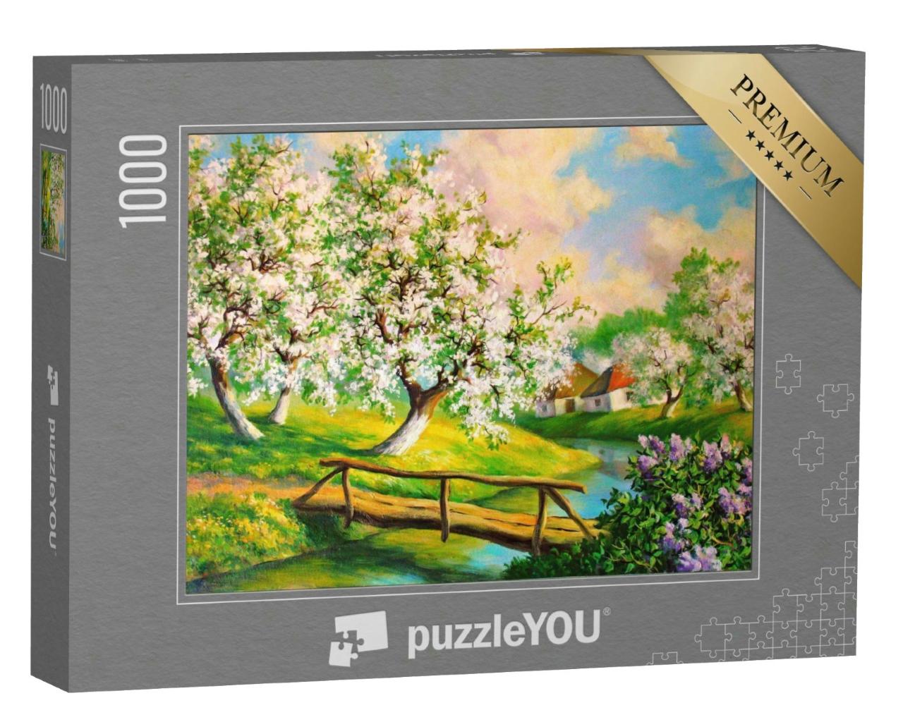 Puzzle 1000 Teile „Ölgemälde: Frühlingslandschaft mit blühenden Gärten“