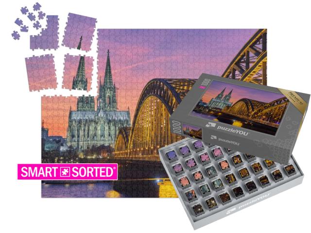 Puzzle „Kölner Dom und Hohenzollernbrücke bei Sonnenuntergang“ | SMART SORTED® 1000 Teile