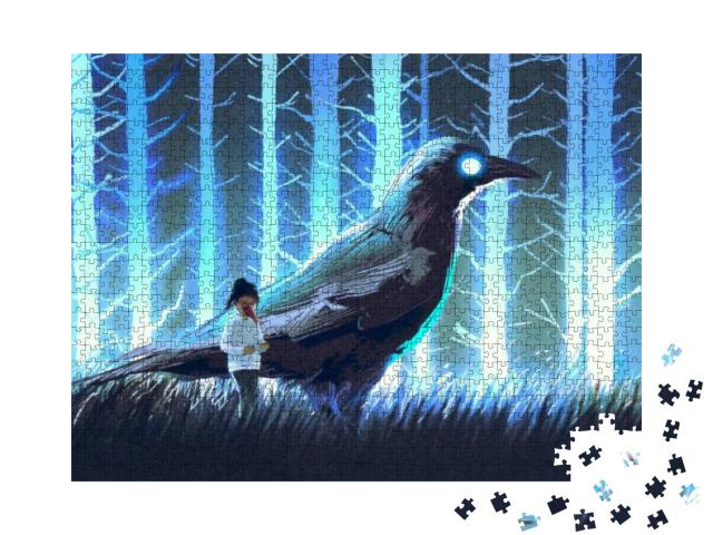 Puzzle 1000 Teile „Mädchen mit Krähe im blauen Wald“