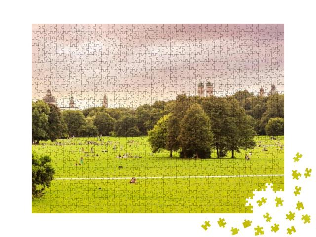 Puzzle 1000 Teile „Englischer Garten, im Hintergrund die Dächer von München“
