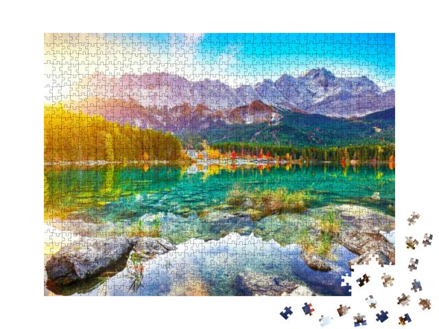 Puzzle 1000 Teile „Der Eibsee vor dem Zugspitzgipfel bei Garmisch-Partenkirchen“