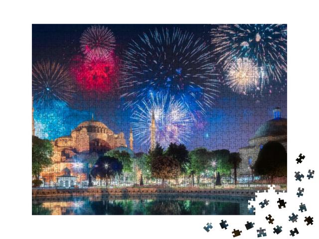 Puzzle 1000 Teile „Feuerwerk über der Hagia Sophia in Istanbul, Türkei“