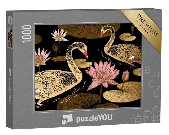 Puzzle 1000 Teile „Muster mit Vögeln, Blüten und Seerosenblättern “