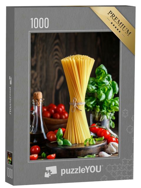 Puzzle 1000 Teile „Spaghetti, im Hintergrund Basilikum und Tomaten“