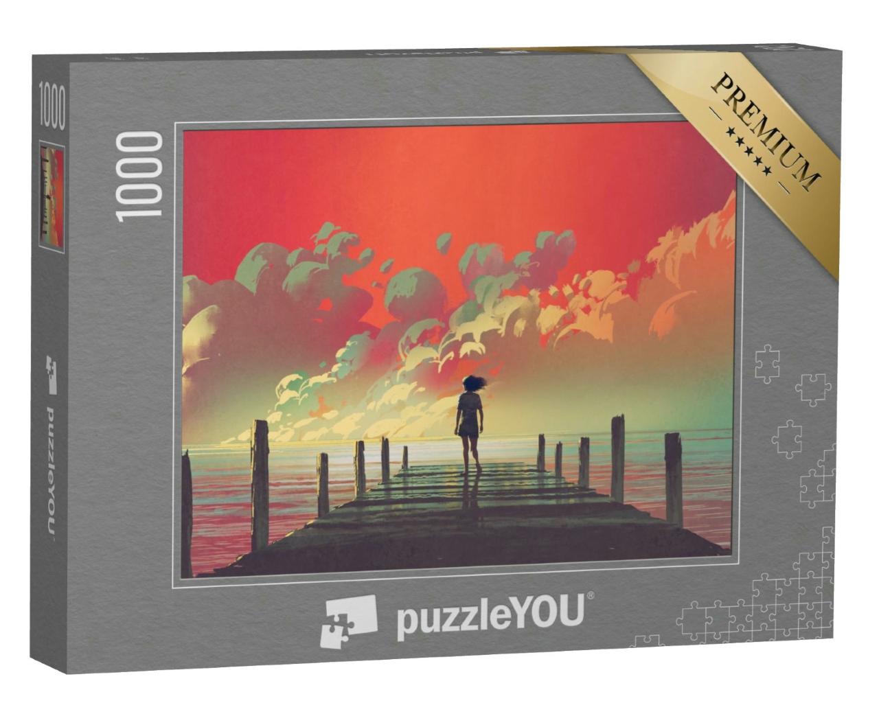 Puzzle 1000 Teile „Frau auf einem hölzernen Pier mit Blick auf das Meer“