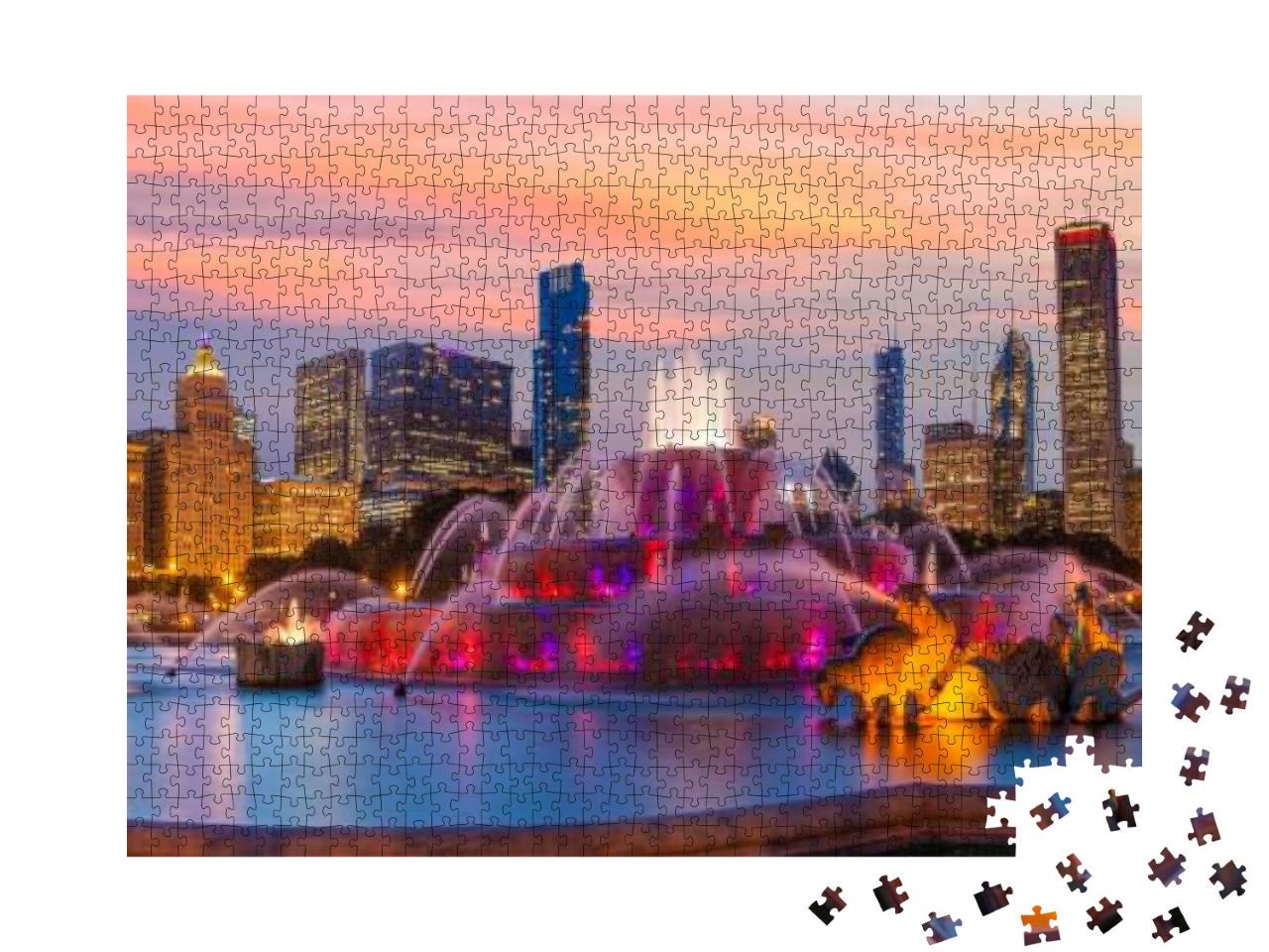 Puzzle 1000 Teile „Panorama der Skyline von Chicago mit Wolkenkratzern und Buckingham-Brunnen“