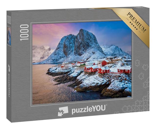 Puzzle 1000 Teile „Fischerdorf auf den Lofoten: Sonnenaufgang im Winter, Norwegen“
