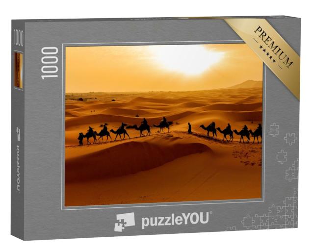 Puzzle 1000 Teile „Kamelkarawane: Touristen erkunden die Wüste Sahara, Marokko“
