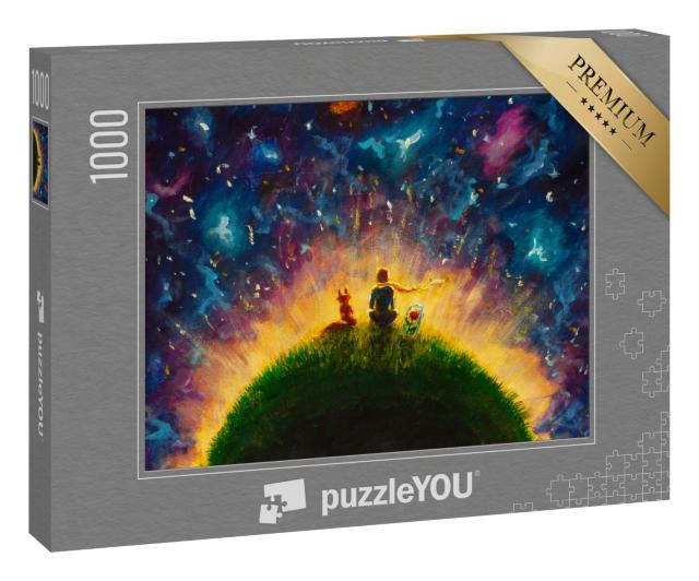 Puzzle 1000 Teile „Kleiner Prinz, Fuchs und Rote Rose sitzen im Gras“