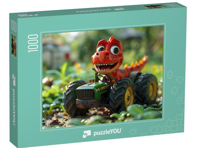 Puzzle 1000 Teile „Roter Dino auf grünem Traktor“