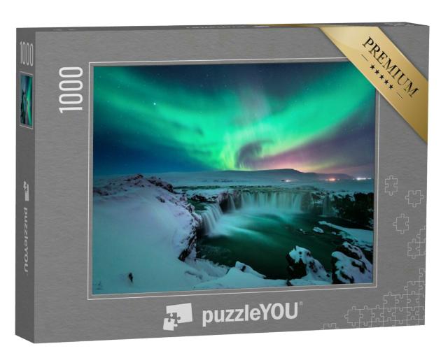 Puzzle 1000 Teile „Polarlichter über dem Godafoss-Wasserfall im winterlichen Island“
