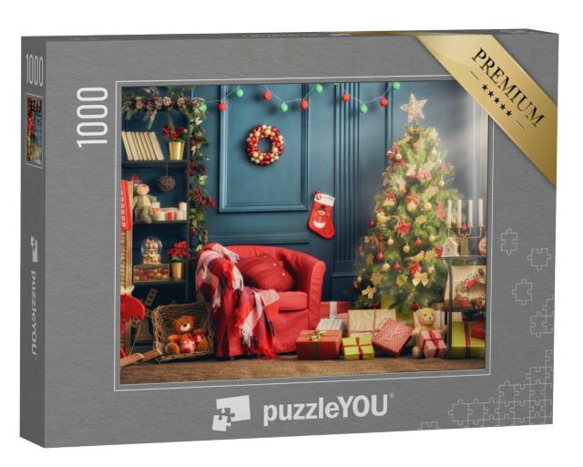 Puzzle 1000 Teile „Frohe Weihnachten: schönes, weihnachtlich geschmücktes Wohnzimmer“
