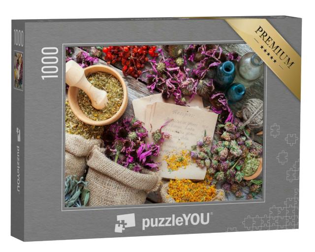 Puzzle 1000 Teile „Rezepte der Kräutermedizin und getrocknete Blüten“