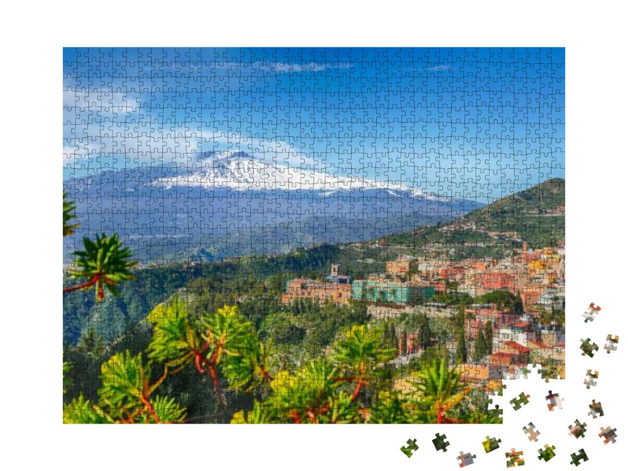 Puzzle 1000 Teile „Vulkan Ätna und Taormina Stadt, Sizilien, Italien“