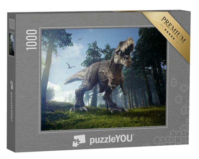 Puzzle 1000 Teile „Jagdgründe eines Tyrannosaurus Rex mit zwei Quetzalcoatlus“