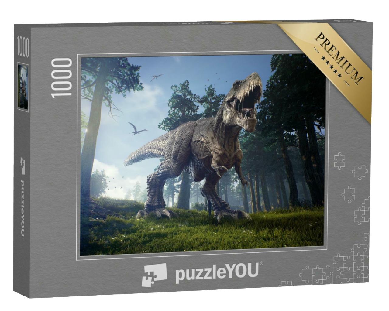 Puzzle 1000 Teile „Jagdgründe eines Tyrannosaurus Rex mit zwei Quetzalcoatlus“