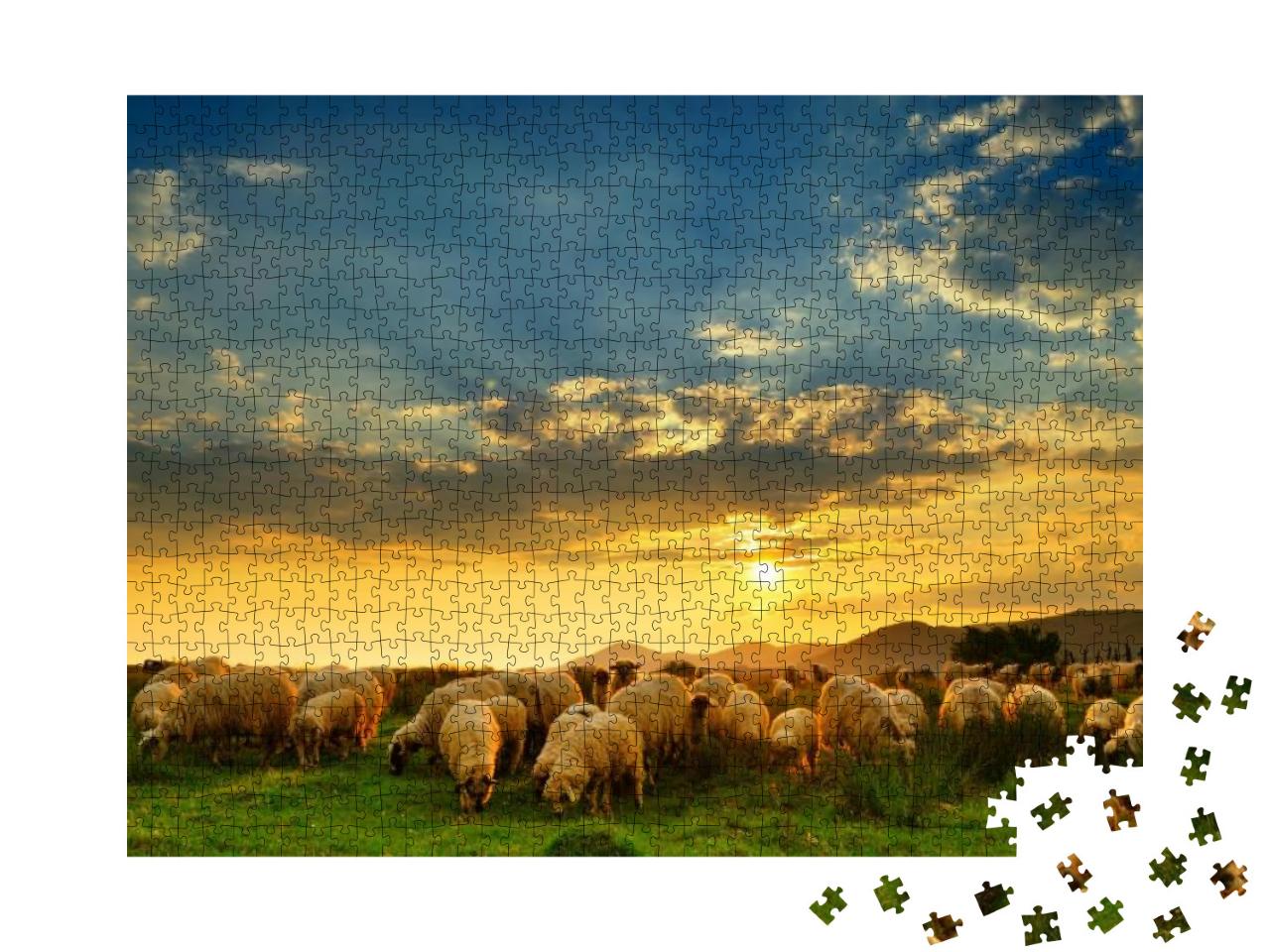 Puzzle 1000 Teile „Eine Schafherde weidet auf einem Hügel bei Sonnenuntergang“