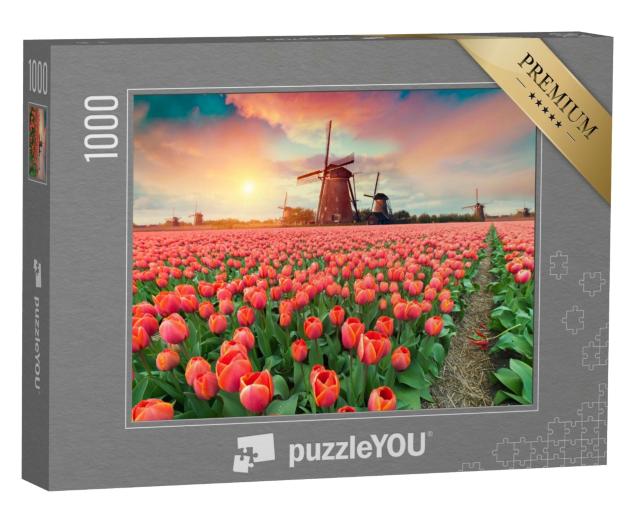 Puzzle 1000 Teile „Sonnenuntergang über Windmühlen und Tulpen, Niederlande“
