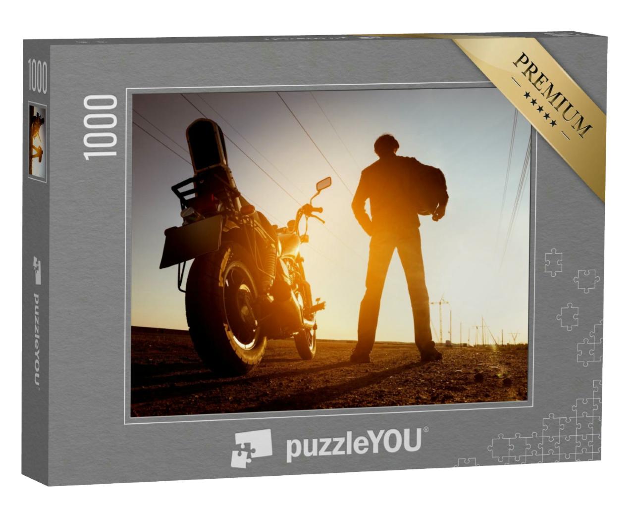 Puzzle 1000 Teile „Biker mit Motorrad im Sonnenuntergang“