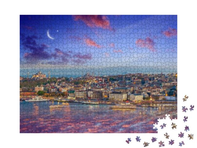 Puzzle 1000 Teile „Mond über dem Galata-Turm von Istanbul, Türkei“