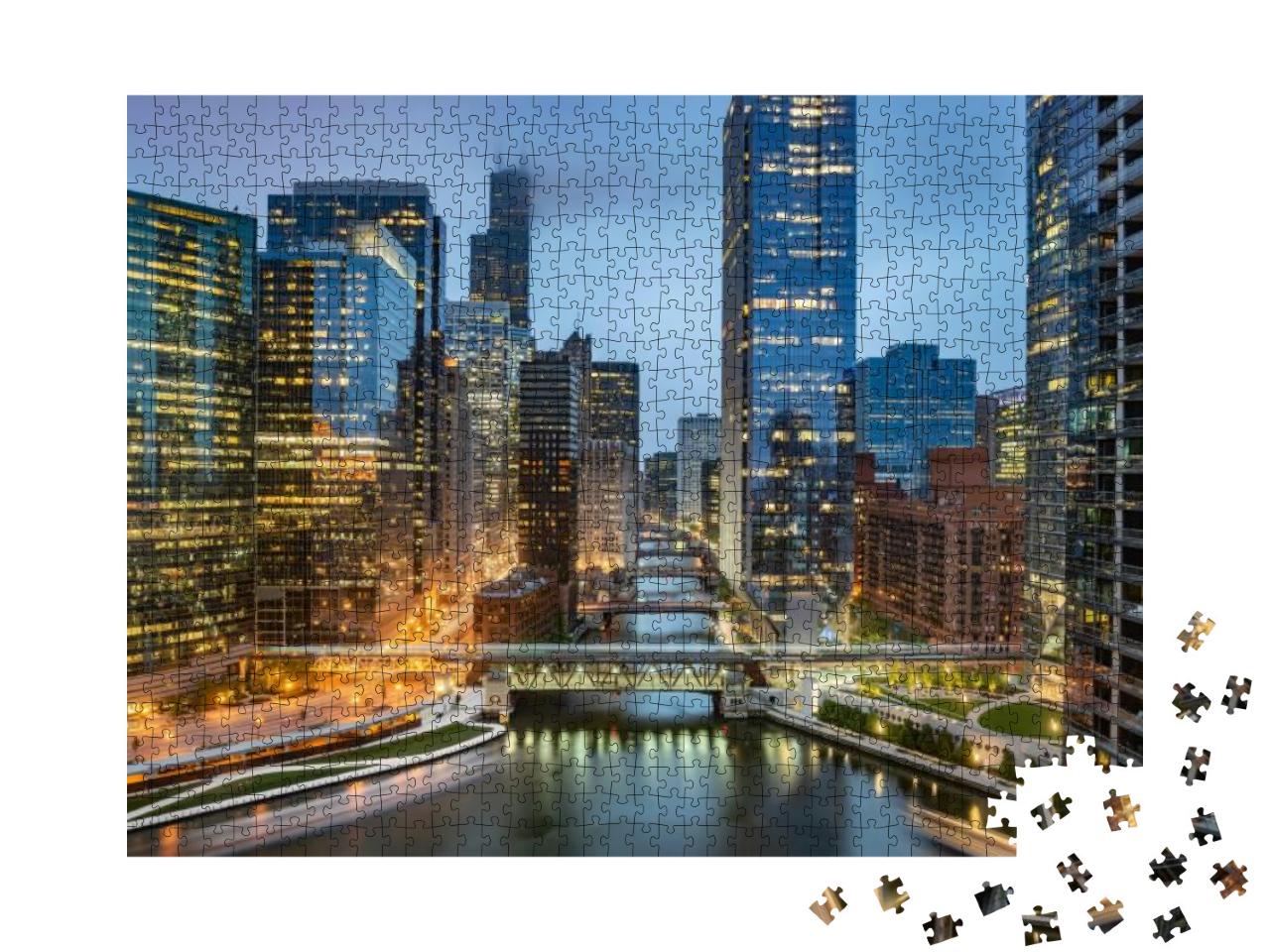 Puzzle 1000 Teile „Skyline von Chicago an einem bewölkten Abend“