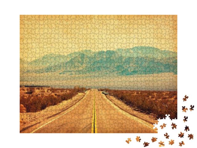 Puzzle 1000 Teile „Route 66 durch die Mojave-Wüste in Kalifornien im Retro Stil“