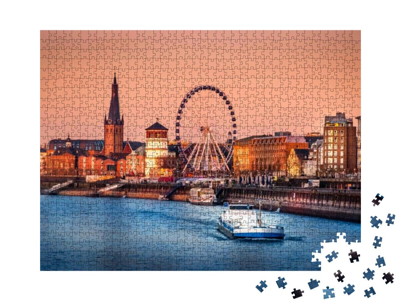 Puzzle 1000 Teile „Abendlicher Blick auf den Rhein und die Altstadt von Düsseldorf, Deutschland“