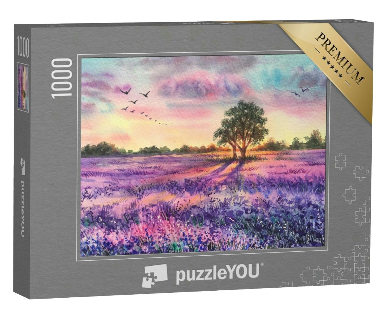 Puzzle 1000 Teile „Sonnenuntergang über einem Lavendelfeld“