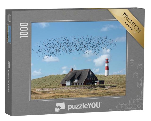 Puzzle 1000 Teile „Leuchtturm List Ost mit einem Schwarm von Vögeln“
