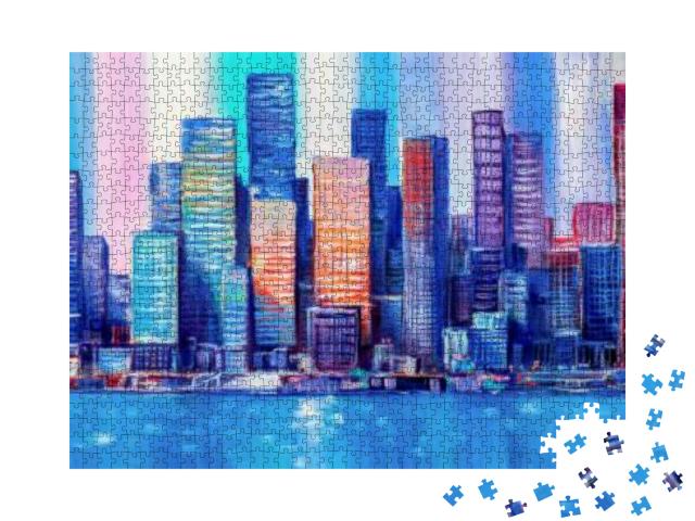 Puzzle 1000 Teile „Ölgemälde: Skyline einer Stadt“