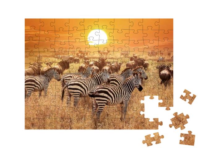 Puzzle 100 Teile „Zebra bei Sonnenuntergang im Serengeti-Nationalpark, Afrika, Tansania“
