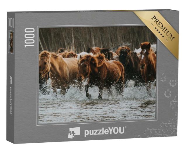 Puzzle 1000 Teile „Große Gruppe brauner und weißer Pferde in einem Waldgebiet in der Mongolei“