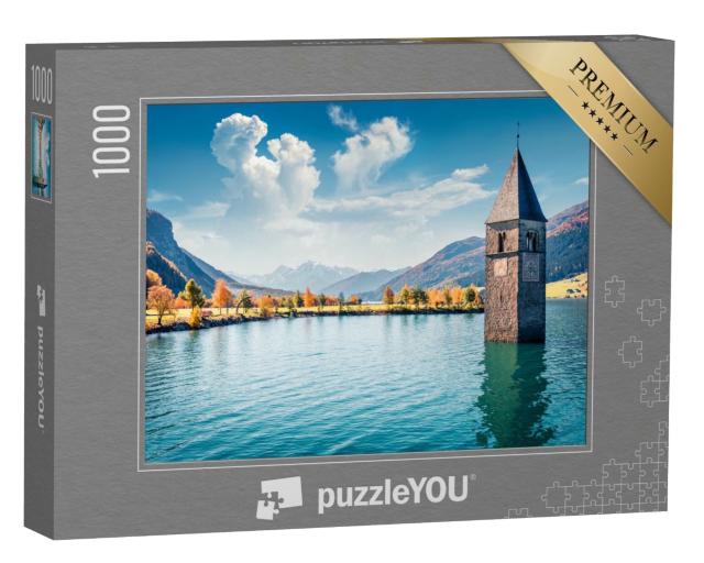 Puzzle 1000 Teile „Malerische Herbstansicht von Turm der versunkenen Kirche in Resia, Südtirol“