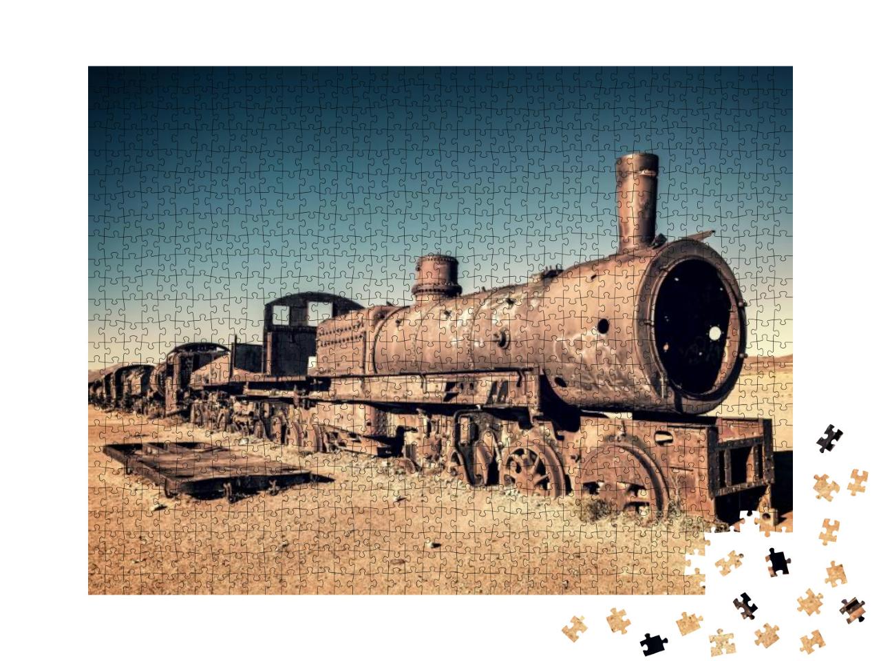 Puzzle 1000 Teile „Rostige Lokomotive auf dem Eisenbahn-Schrottplatz, Uyuni, Bolivien“