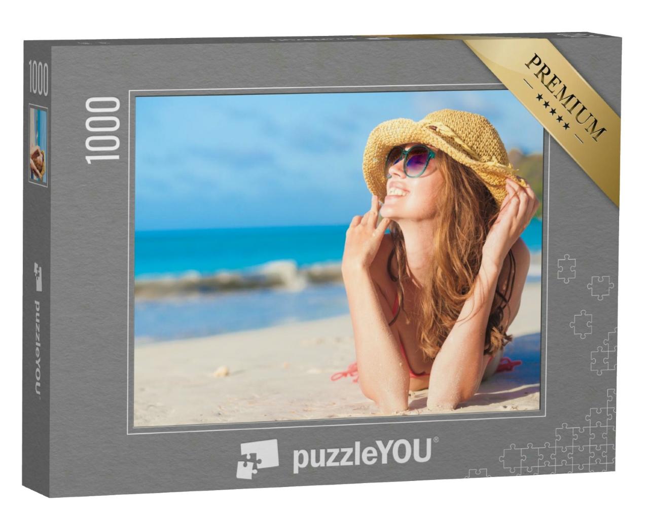 Puzzle 1000 Teile „Junge Frau in Bikini und Strohhut am tropischen Strand“