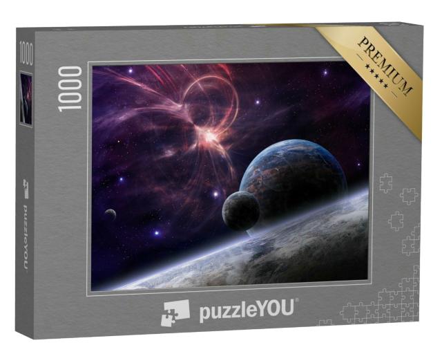 Puzzle 1000 Teile „Schöne Weltraumszene: violetter und oranger Nebel mit Planeten“