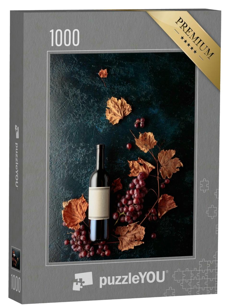 Puzzle 1000 Teile „Rotweinflasche mit Trauben und vertrockneten Weinblättern“