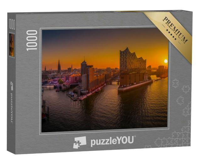 Puzzle 1000 Teile „Sonnenaufgang in Hamburg über dem Hafen“