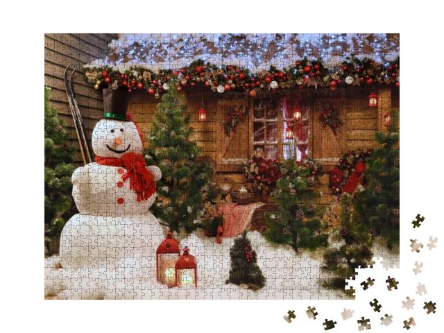 Puzzle 1000 Teile „Festtagsstimmung: Weihnachtsfoto mit Schneemann am Haus“