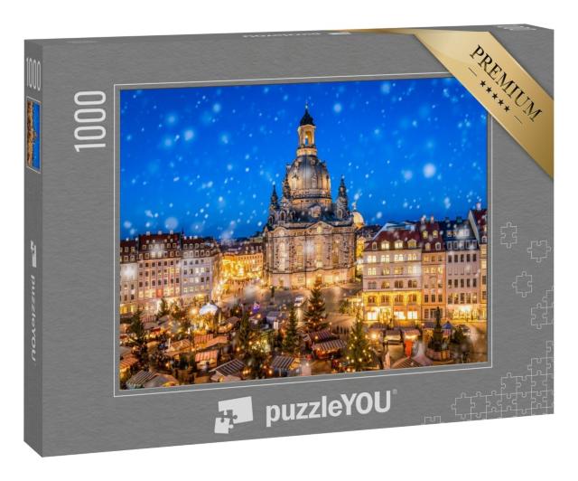 Puzzle 1000 Teile „Weihnachtsmarkt vor der Dresdner Frauenkirche auf dem Neumarkt, Sachsen“
