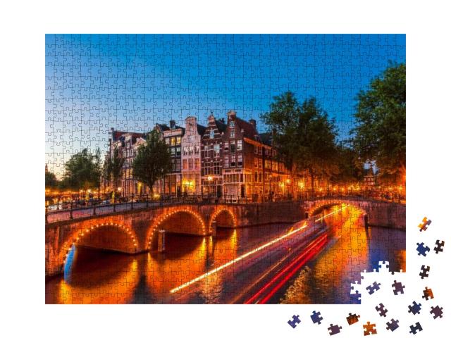 Puzzle 1000 Teile „Amsterdam-Kanal bei Nacht, Niederlande“